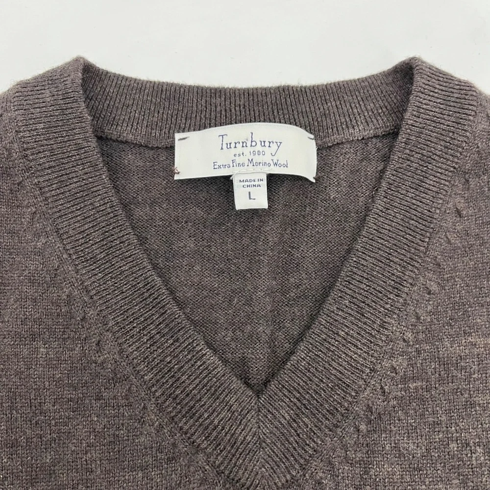 Turnbury Men L Sweater Vest Brown Merino Wool V-Neck Ribbed Hem‎ Outdoor Comfort